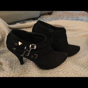 Suede black booties....cute multi buckle accents!